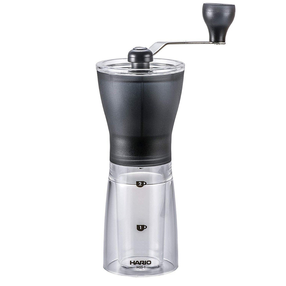 Hario Mini Slim+ manual coffee grinder with black handle and transparent grounds container