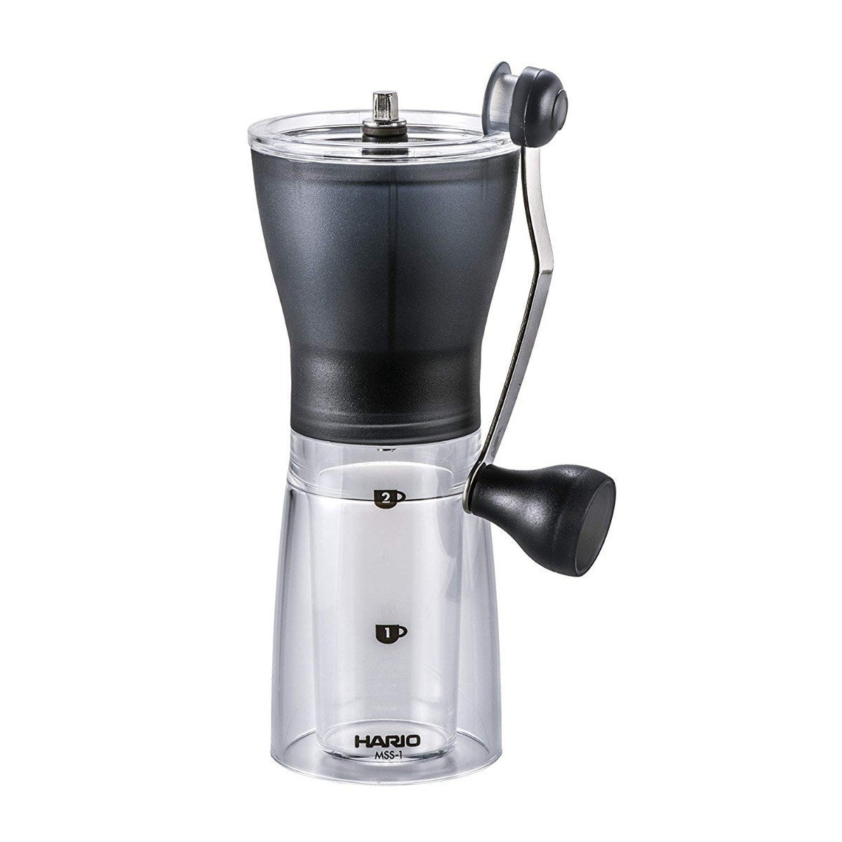 Hario Mini Slim+ coffee grinder with removable handle stored beside the body