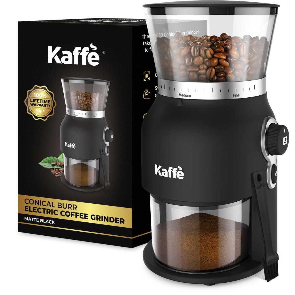 Kaffe KF8150 electric burr grinder with coffee beans, grounds and retail packaging