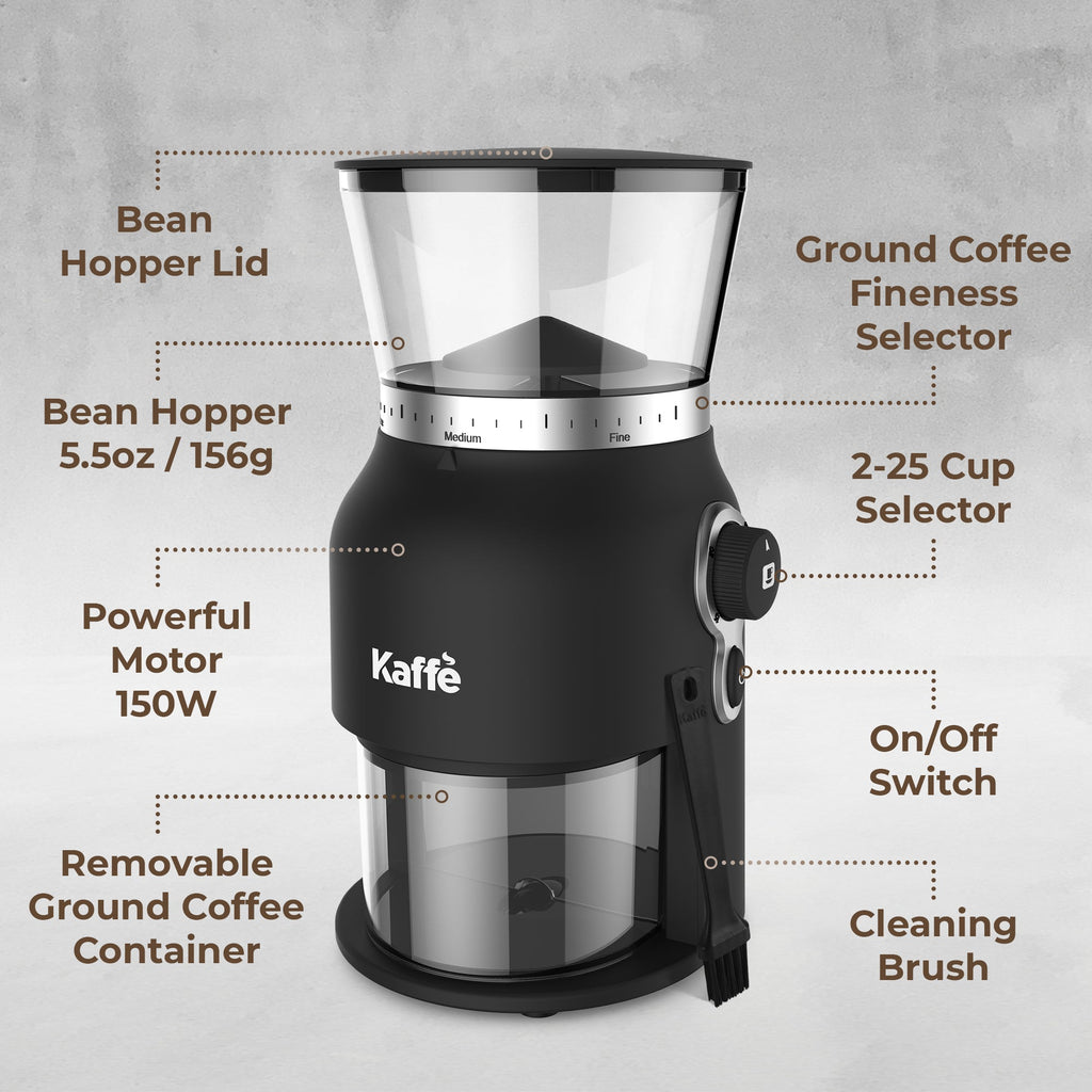 Kaffe KF8150 diagram showing hopper, grind selector, cup selector, power switch and grounds container