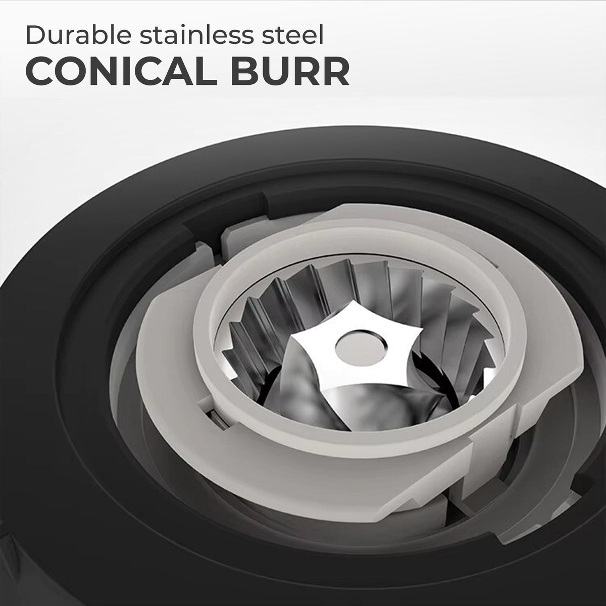 Close-up illustration of the Kaffe KF8150 stainless steel conical burr assembly