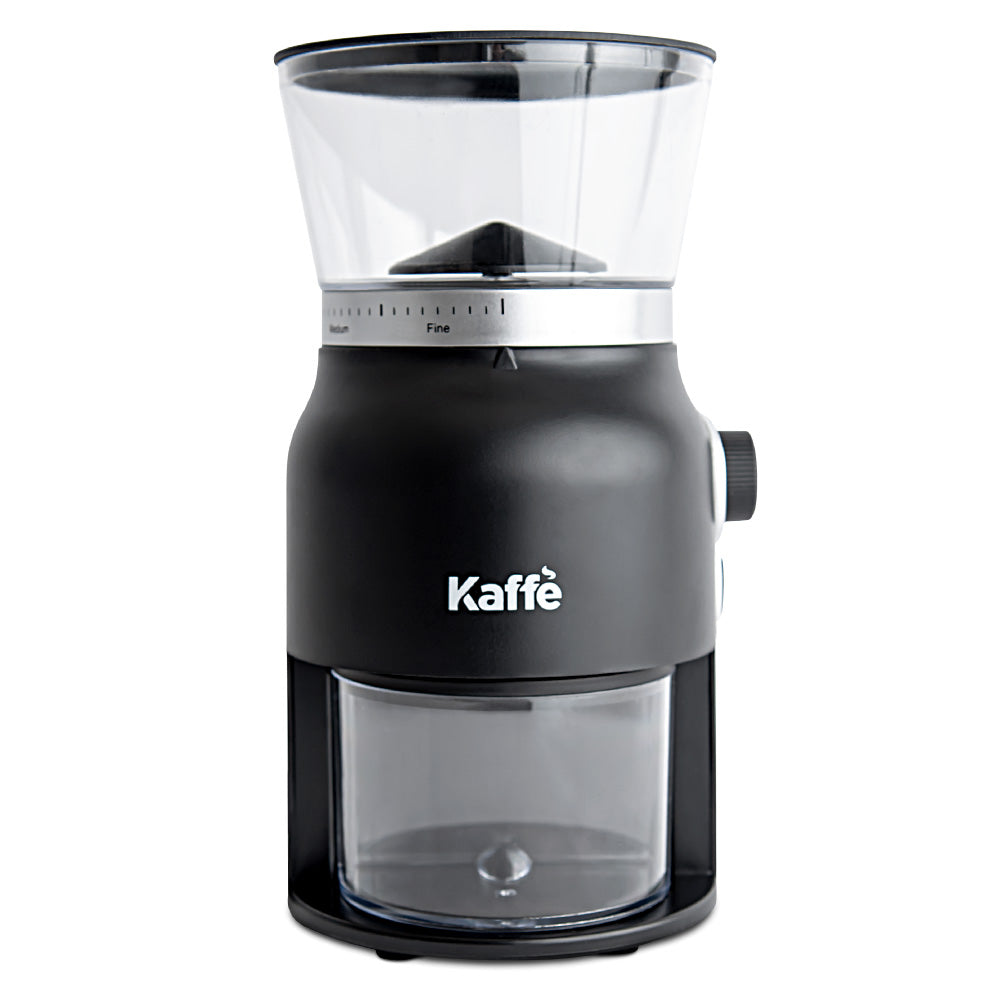 Kaffe KF8150 black conical-burr electric coffee grinder with clear hopper and grounds container