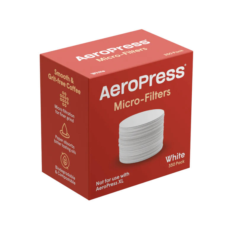 Red AeroPress Micro-Filters White 350 pack box shown at an angle.