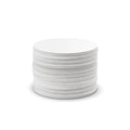 Stack of white AeroPress standard paper micro-filters on a white background.