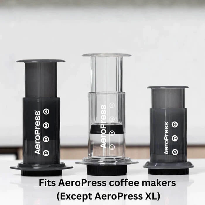 Three AeroPress brewers side by side with text stating the filters fit AeroPress coffee makers except the AeroPress XL; brewers not included.