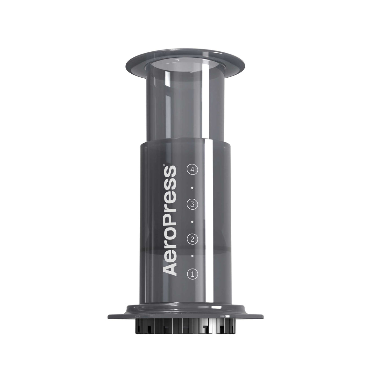 AeroPress Original coffee brewer with clear chamber, plunger and filter cap, on a white background.