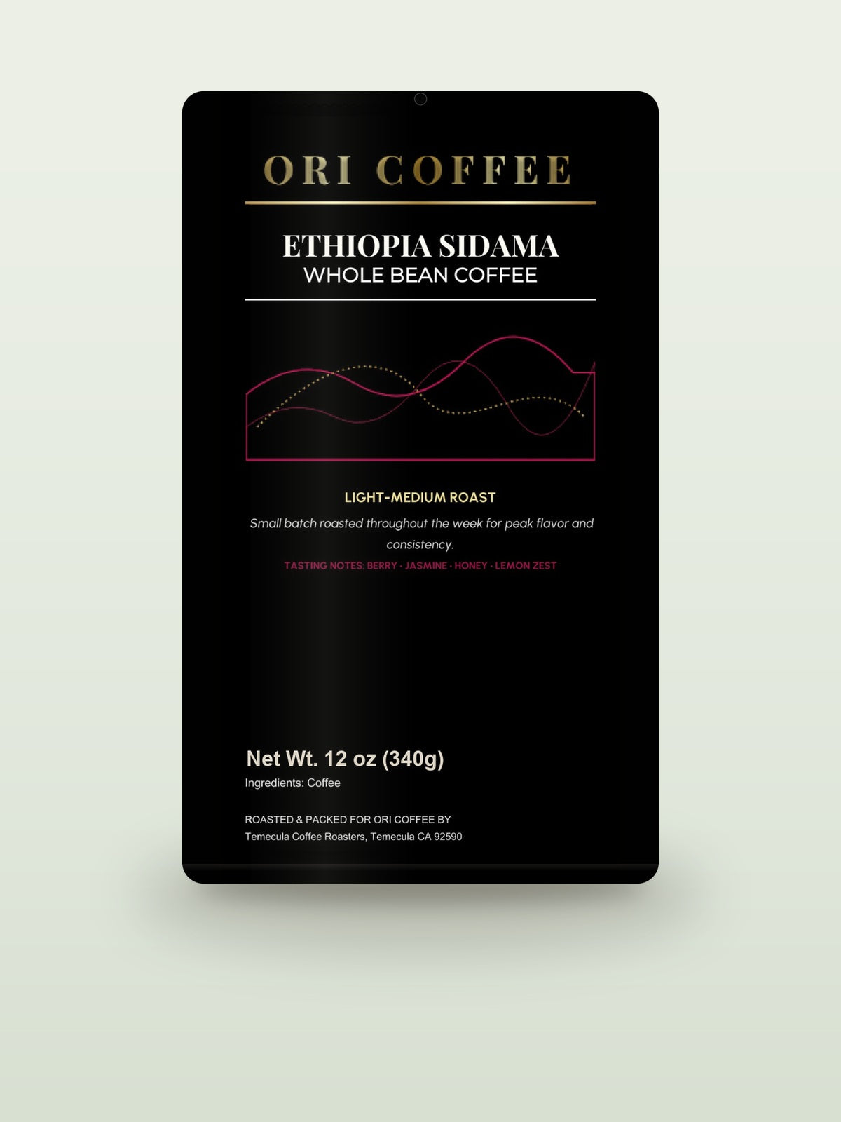 Ethiopia Sidama Natural Process Heirloom Coffee - 12 oz (340g) whole-bean coffee bag mockup