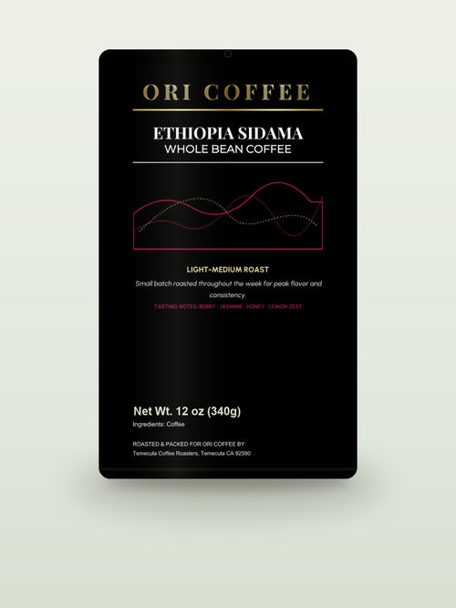 Ethiopia Sidama Natural Process Heirloom Coffee - 12 oz (340g) whole-bean coffee bag mockup