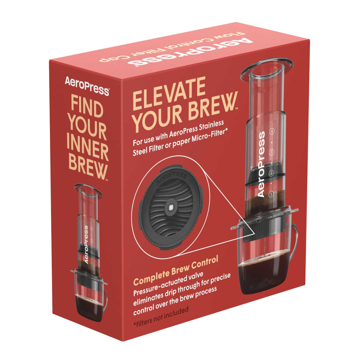 Red AeroPress Flow Control Filter Cap retail box shown at an angle.