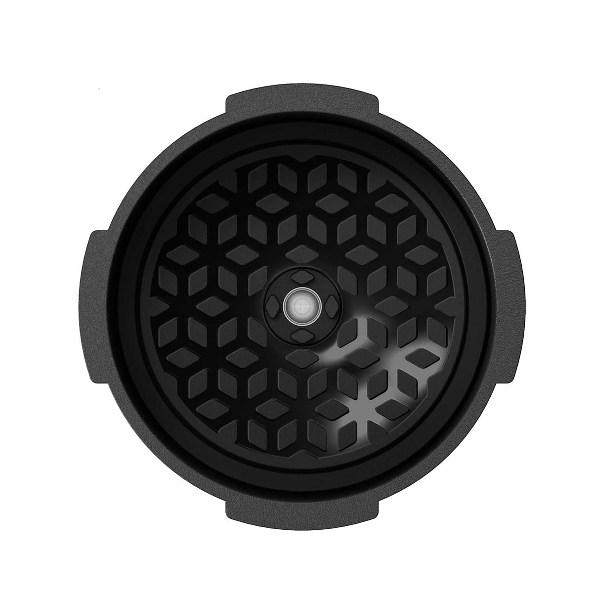 Filter side of the AeroPress Flow Control Filter Cap showing its hexagonal support grid and central valve.