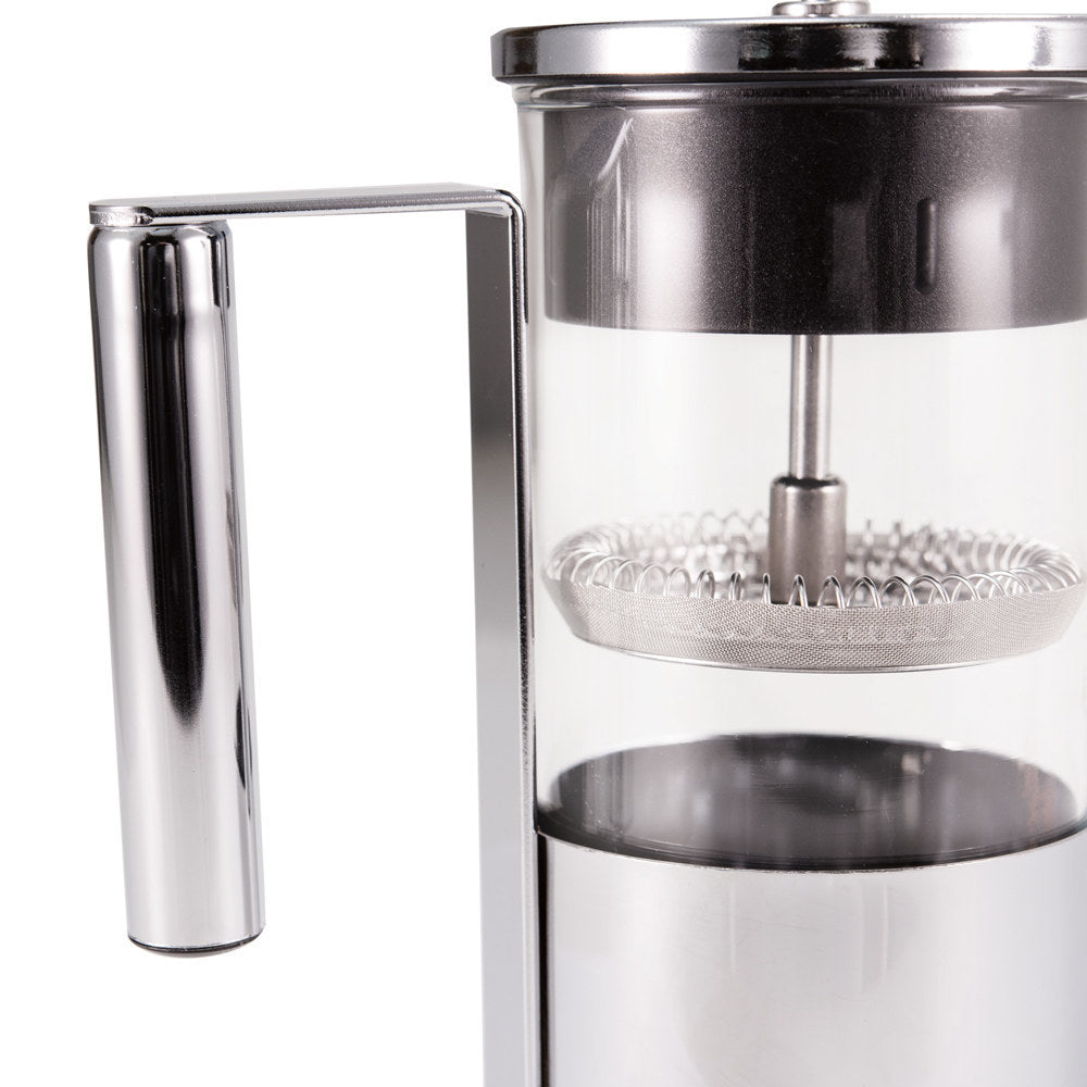 Close-up of the Yama French press stainless steel handle, glass carafe and mesh filter plunger.