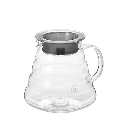 Hario V60 range server 02 with its stainless steel lid in place, on a white background.