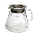 Hario V60 range server 02 in clear glass with stainless steel lid and glass handle.
