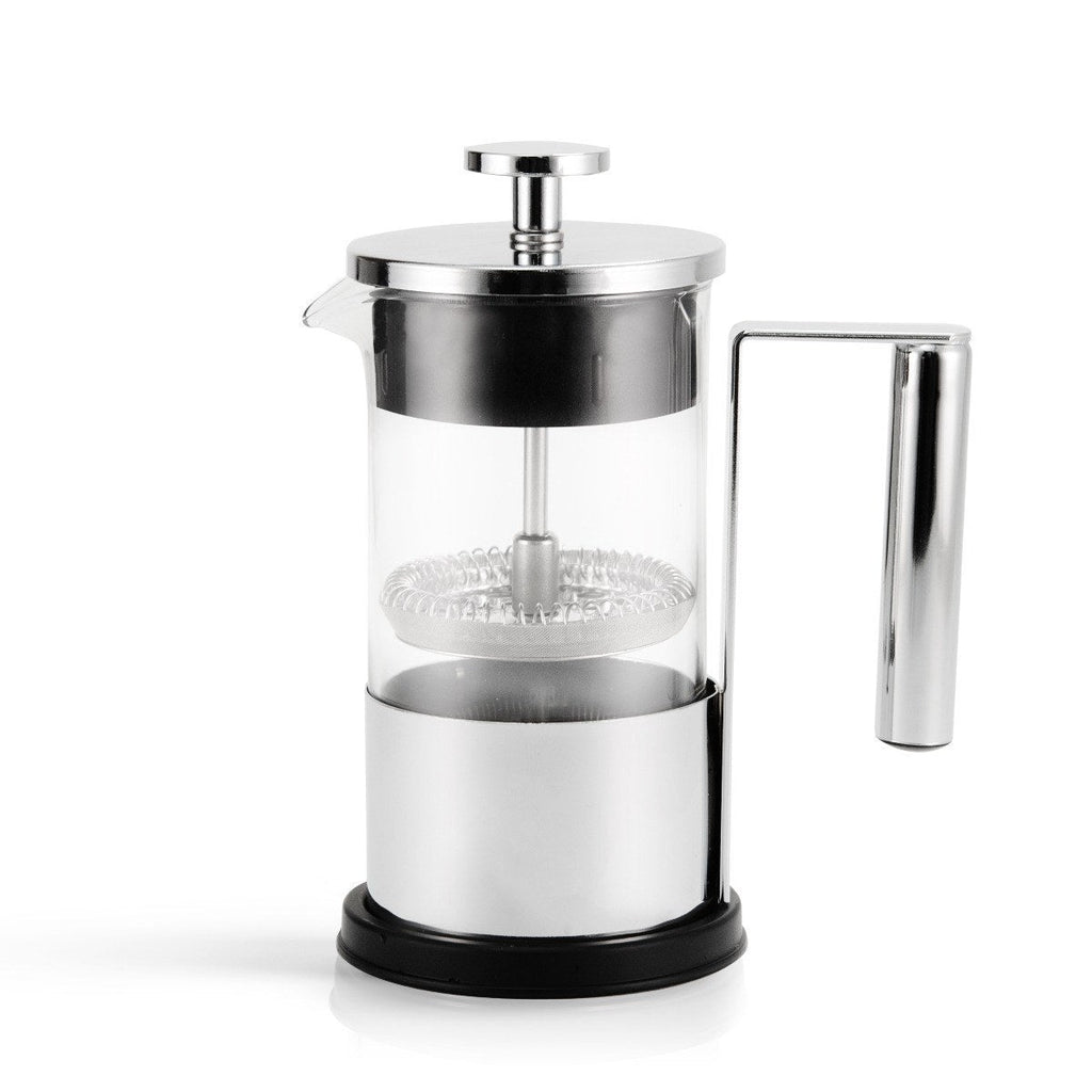 Yama 25 oz glass French press with stainless steel frame, lid and plunger, on a white background.