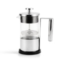 Yama 25 oz glass French press with stainless steel frame, lid and plunger, on a white background.