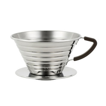 Kalita Wave 185 stainless steel dripper with brown handle, on a white background.