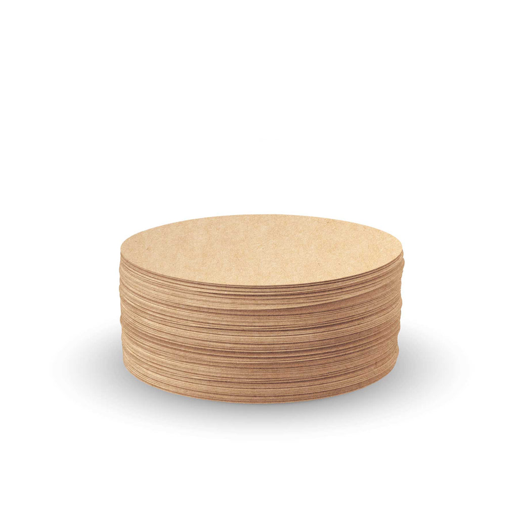 Stack of natural unbleached AeroPress paper micro-filters on a white background.