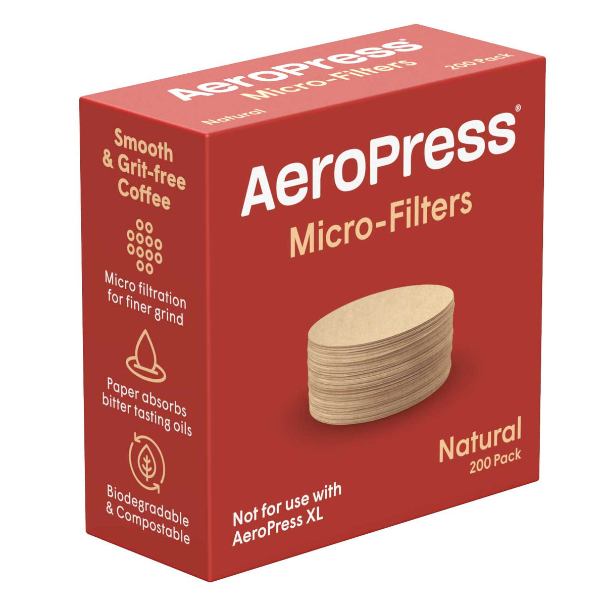 Front of the red AeroPress Micro-Filters Natural 200 pack box.