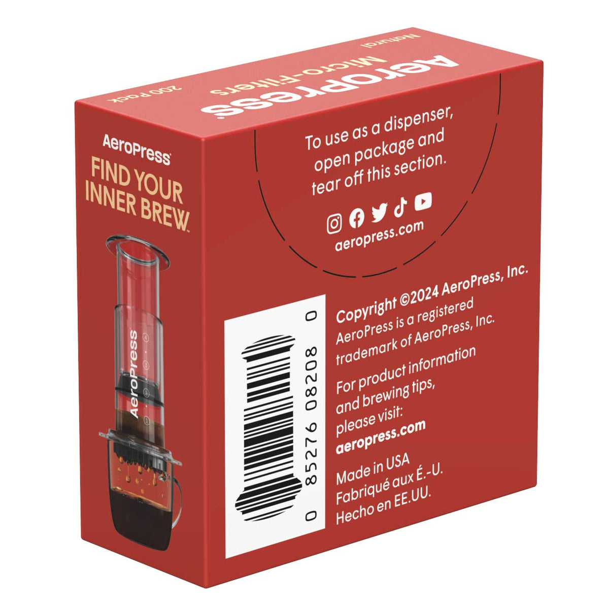 Back of the red AeroPress Micro-Filters box showing dispenser instructions and barcode.