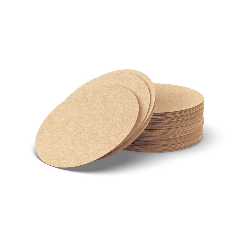 Three natural unbleached AeroPress paper micro-filters fanned out on a white background.