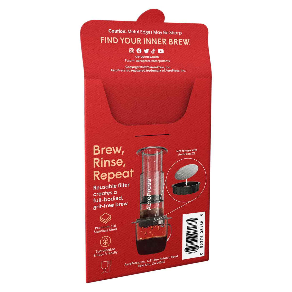 Back of AeroPress standard stainless steel filter packaging with cleaning instructions