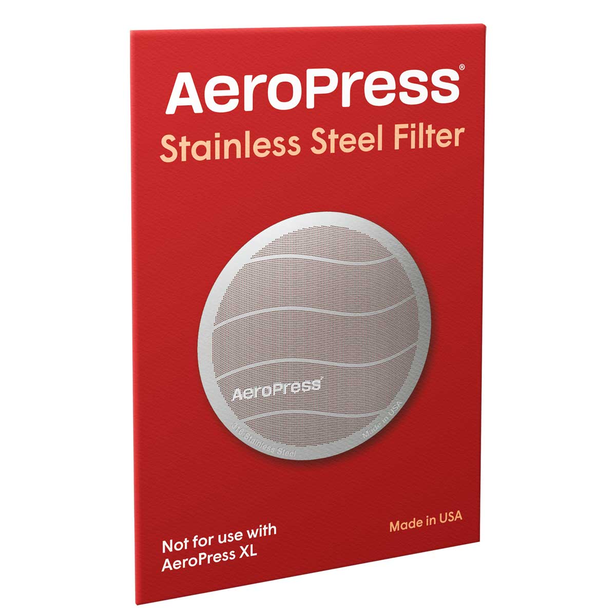 Front of AeroPress standard stainless steel reusable filter retail packaging