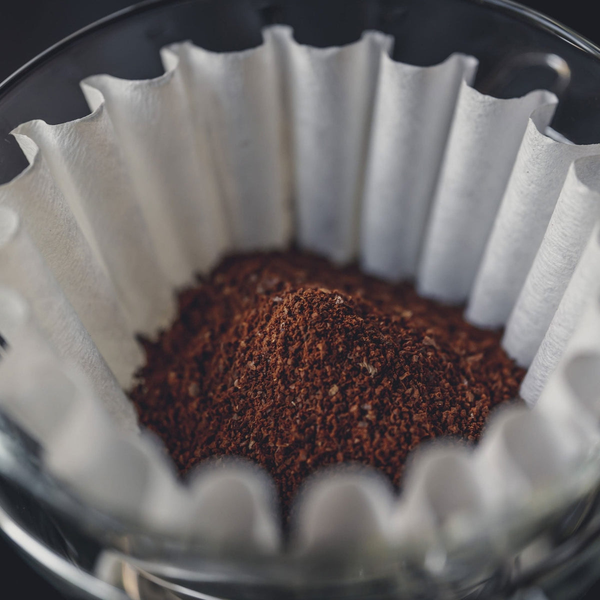 White Kalita Wave paper filter holding ground coffee inside a glass dripper; dripper not included.